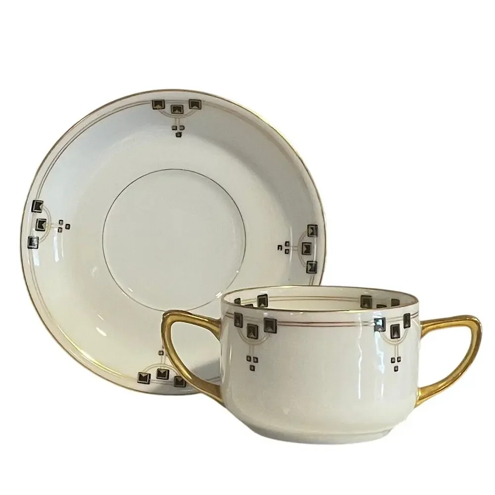 Vintage Victoria Austria Boullion Cup / Bowl & Saucer, Gold, Black, Set of 10